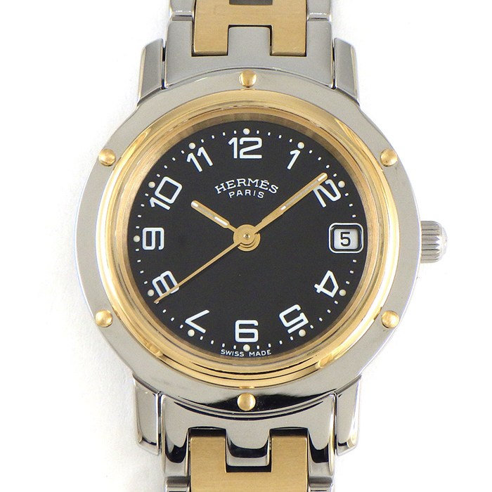 エルメス HERMES 腕時計 クリッパー CL4.220 デイト ブラック文字盤 GP SS クオーツアナログ 【中古】