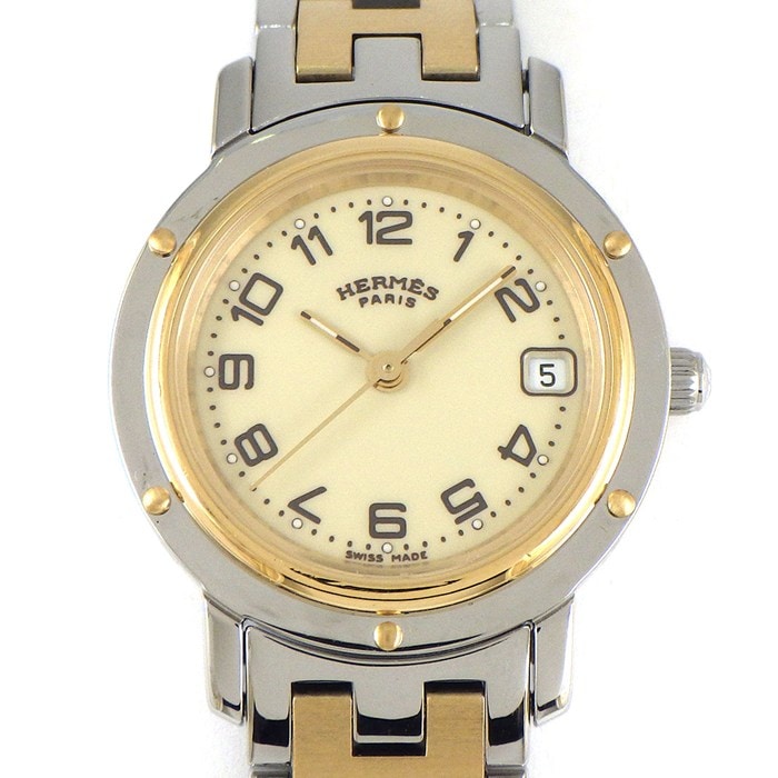 エルメス HERMES 腕時計 クリッパー CL4.220 デイト アイボリー文字盤 GP SS クオーツアナログ 【中古】