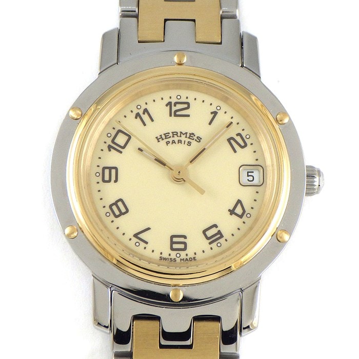エルメス HERMES 腕時計 クリッパー CL4.220 デイト アイボリー文字盤 GP SS クオーツアナログ 【中古】