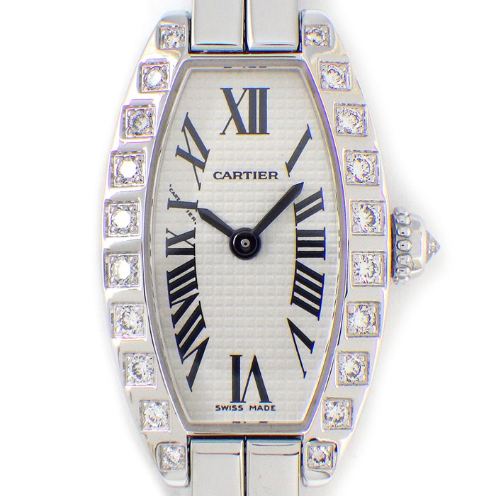 カルティエ Cartier 腕時計 ミニトノーラニエール WJ2004W3 ダイヤベゼル/リュウズ シルバー文字盤 ローマンインデックス K18WG クオーツアナログ 【中古】