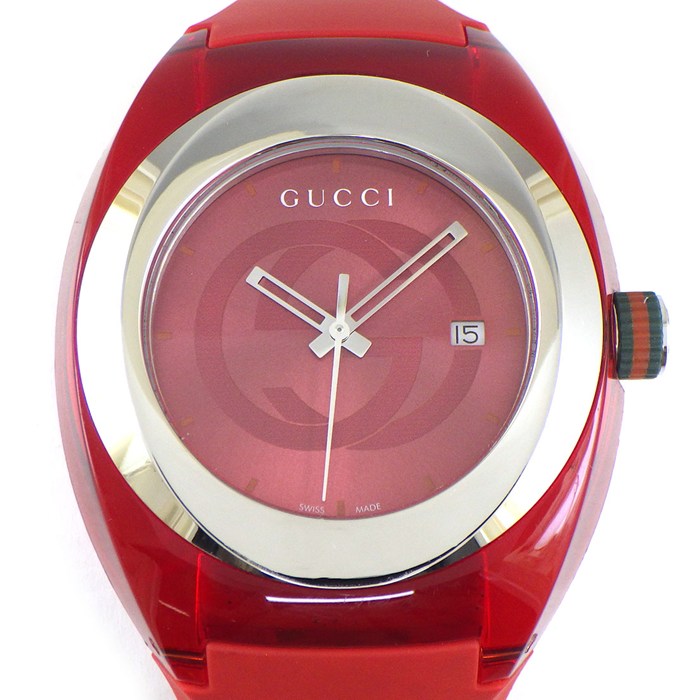 グッチ GUCCI 腕時計 シンク YA137103A/137.1 レッド文字盤 デイト SS ラバー クオーツアナログ 【中古】