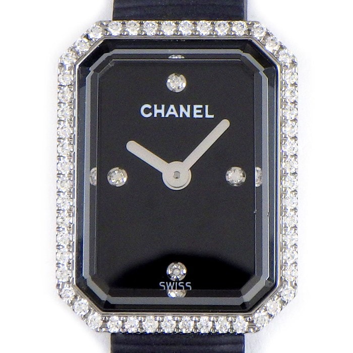 シャネル CHANEL 腕時計 プルミエール H2434 ダイヤベゼル 4ポイント ダイヤインデックス オクタゴナル ブラック文字盤 ラバー ベルト SS クオーツアナログ 【中古】