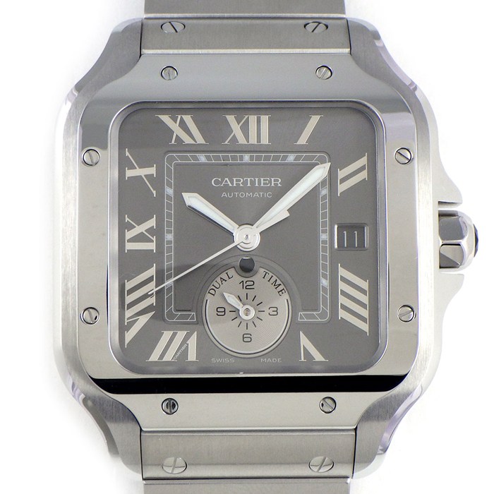 カルティエ Cartier 腕時計 サントス ラージ WSSA0076 スクエア グレー文字盤 ローマンインデックス デイト 夜光針 SS 自動巻き 【箱・保付き】 【中古】