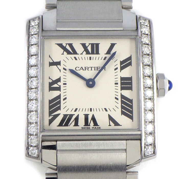 カルティエ Cartier 腕時計 タンクフランセーズMM W4TA0009 ダイヤベゼル スクエア アイボリー文字盤 ローマンインデックス SS クオーツアナログ 【箱・保付き】 【中古】