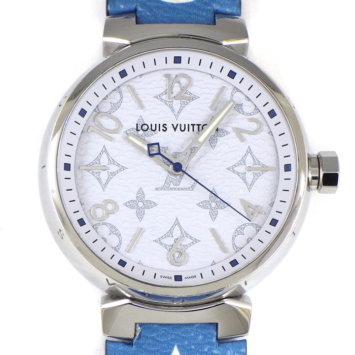 ルイ・ヴィトン LOUIS VUITTON 腕時計 タンブール GM モノグラム ホワイト QA114Z モノグラム文字盤 SS エスカル ブルー レザーベルト クオーツアナログ 【中古】