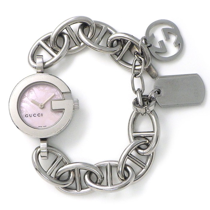 グッチ GUCCI 腕時計 Gチャーム 107 ピンクシェル文字盤 チェーン SS クオーツアナログ 【中古】