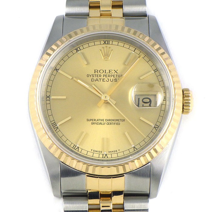 ロレックス Rolex 腕時計 デイトジャスト 16233 X番 1991年製 サンレイ シャンパンカラー文字盤 フルーテッドベゼル ジュビリーブレス K18YG SS 自動巻き 【中古】