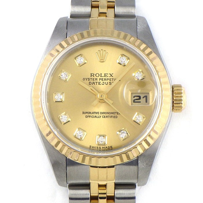 ロレックス Rolex 腕時計 デイトジャスト 79173G Y番 2002年製 10ポイント ダイヤインデックス サンレイ シャンパンカラー文字盤 フルーテッドベゼル ジュビリーブレス K18YG SS 自動巻き 【中古】