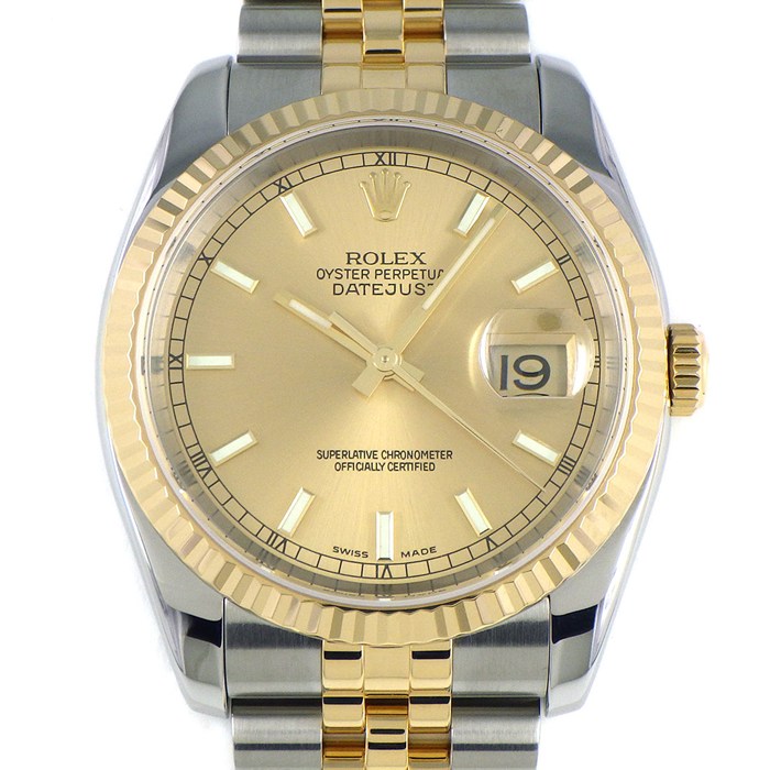 ロレックス Rolex 腕時計 デイトジャスト 116233 F番 2003-2004年製 夜光インデックス 夜光針 サンレイ シャンパンカラー文字盤 フルーテッドベゼル ジュビリーブレス K18YG SS 自動巻き 【中古】