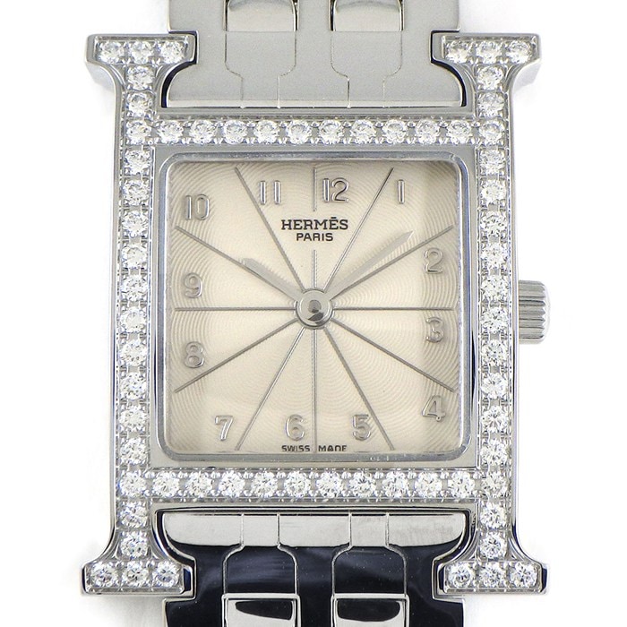 エルメス HERMES 腕時計 Hウォッチ HH1.230 ダイヤベゼル スクエア アイボリーギョーシェ文字盤 SS クオーツアナログ 【中古】