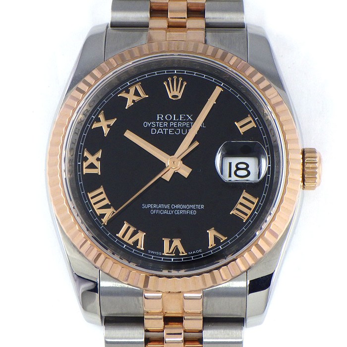 ロレックス Rolex 腕時計 デイトジャスト 116231 D番 2005年製 ルーレット刻印 ローマンインデックス ブラック文字盤 フルーテッドベゼル ジュビリーブレス K18 エバーローズゴールド SS 自動巻き 【中古】