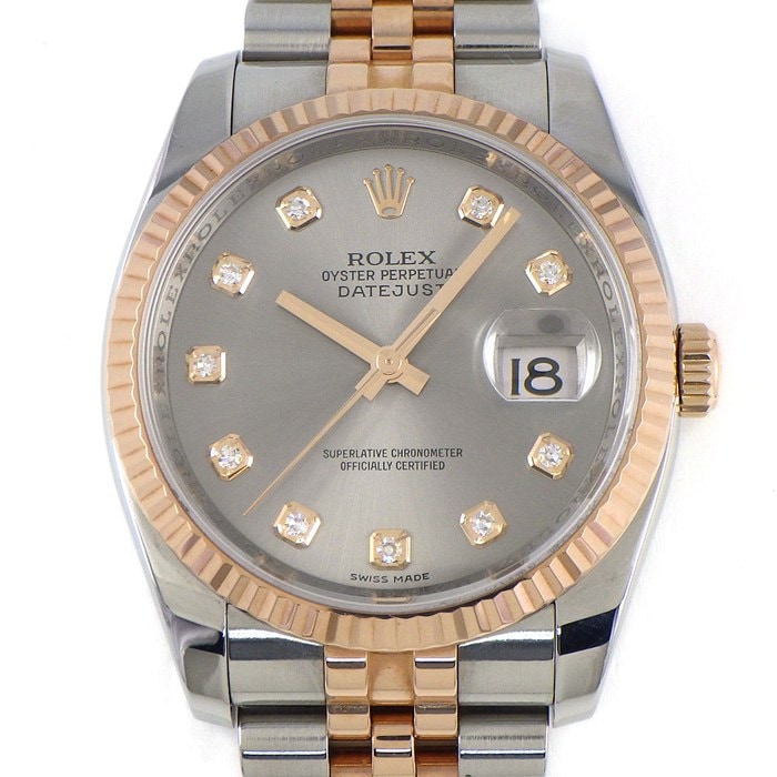ロレックス Rolex 腕時計 デイトジャスト 116231G M番 2007-2008年製 ルーレット刻印 10ポイント ダイヤインデックス サンレイ グレー文字盤 フルーテッドベゼル ジュビリーブレス K18 エバーローズゴールド SS 自動巻き 【中古】