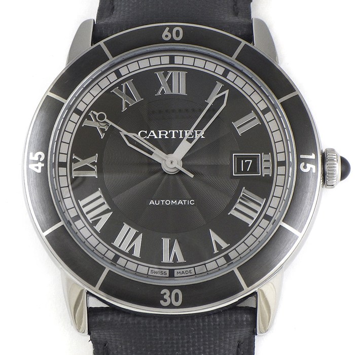 カルティエ Cartier 腕時計 ロンド クロワジュール WSRN0003 デイト ブラック ヴァーグ ギョーシェ文字盤 SS ブラック ファブリック/レザー トワルストラップ 自動巻き 【中古】