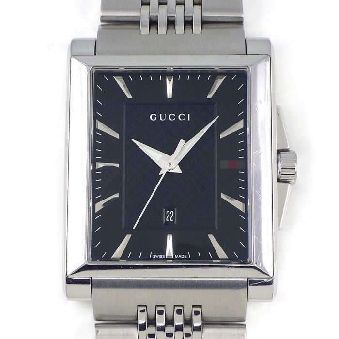 グッチ GUCCI 腕時計 Gタイムレス レクタングル 138.4/YA138401 デイト 夜光針 シェリーライン ディアマンテ ブラック文字盤 SS クオーツアナログ 【箱・保付き】 【中古】