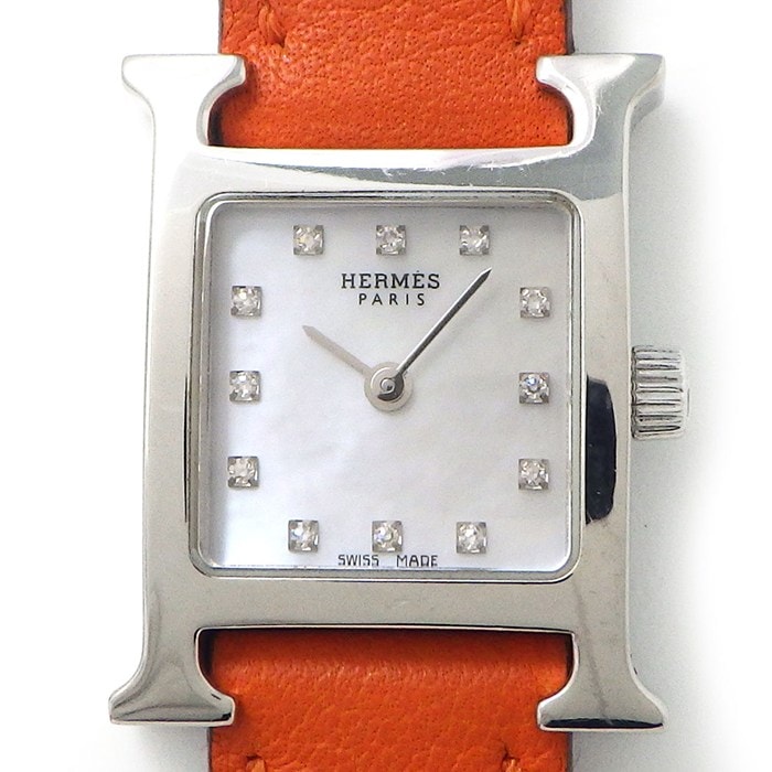 エルメス HERMES 腕時計 Hウォッチ HH1.190 12ポイント ダイヤインデックス スクエア ホワイトシェル文字盤 オレンジ レザーベルト K18WG クオーツアナログ 【中古】