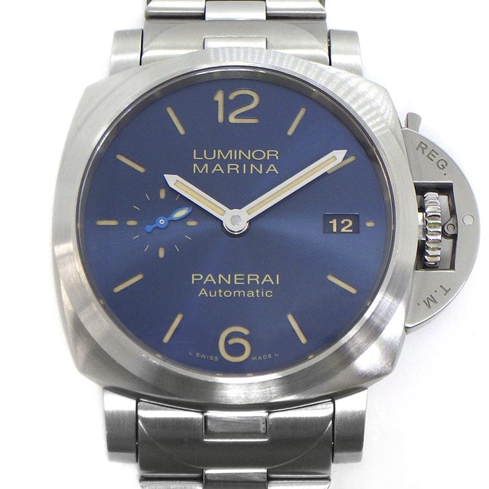 パネライ PANERAI 腕時計 ルミノール マリーナ PAM01028 デイト スモールセコンド 裏スケ 夜光インデックス 夜光針 サンレイ ブルー文字盤 SS 自動巻き 【箱・保付き】 【中古】