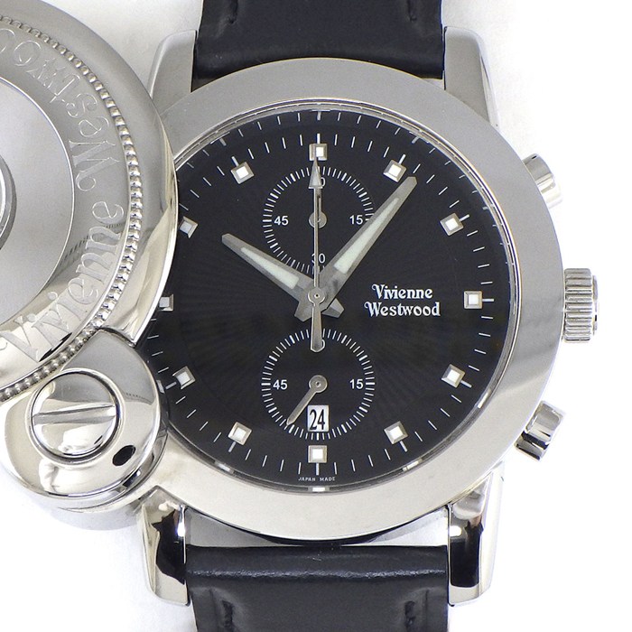 ヴィヴィアン・ウエストウッド Vivienne Westwood 腕時計 VW-2063 スライド式 蓋付きケース デイト クロノグラフ スモールセコンド 夜光インデックス 夜光針 ブラック ギョーシェ文字盤 SS レザーベルト クオーツアナログ 【箱・保付き】 【中古】