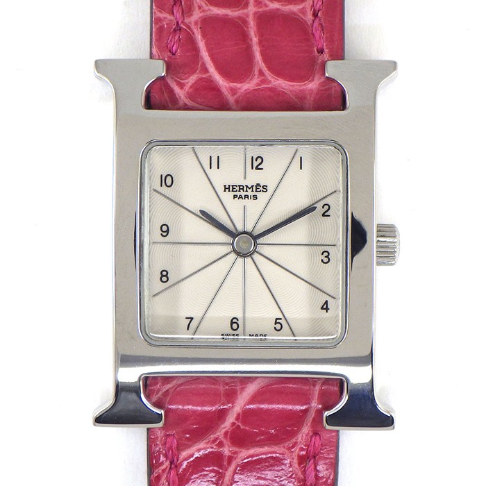 エルメス HERMES 腕時計 Hウォッチ HH1.210 スクエア アイボリー ギョーシェ文字盤 SS ピンク アリゲーターレザーベルト クオーツアナログ 【中古】