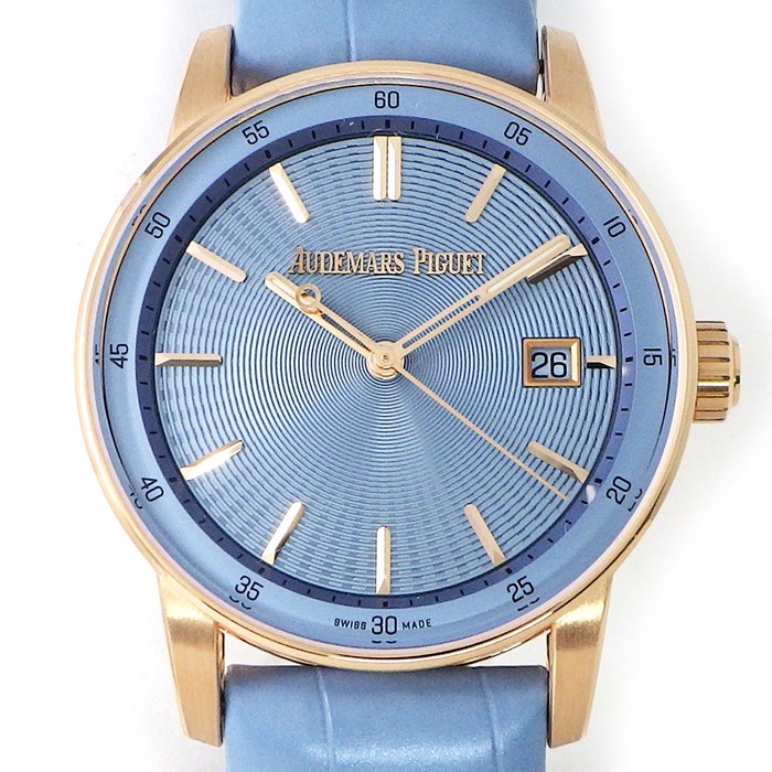 オーデマ・ピゲ Audemars Piguet 腕時計 CODE11.59 byAPA 77410OR.OO.A344CR.01 ギョーシェ ライトブルー文字盤 デイト 裏スケ K18PG アリゲーターレザーベルト 自動巻き 【箱・保付き】 