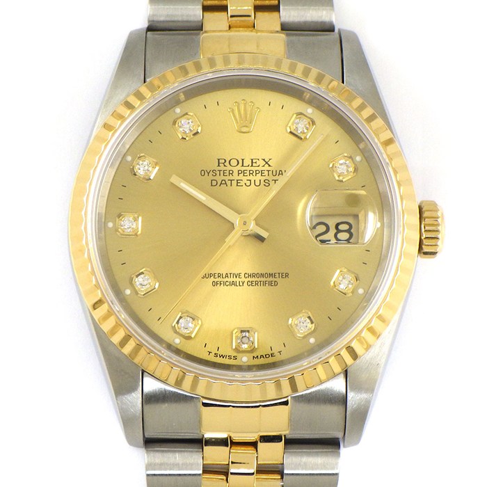 ロレックス Rolex 腕時計 デイトジャスト 36 16233G W番 1994-1995年製 10ポイント ダイヤインデックス サンレイ シャンパンゴールド文字盤 デイト K18YG SS 自動巻き 【OH済み】 【中古】