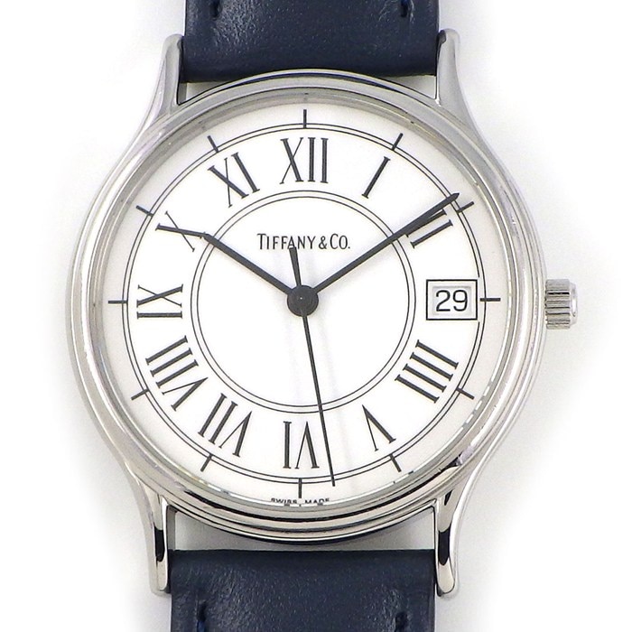 ティファニー Tiffany & Co. 腕時計 ローマンクラシック ホワイト文字盤 デイト ネイビー 革ベルト SS クオーツアナログ