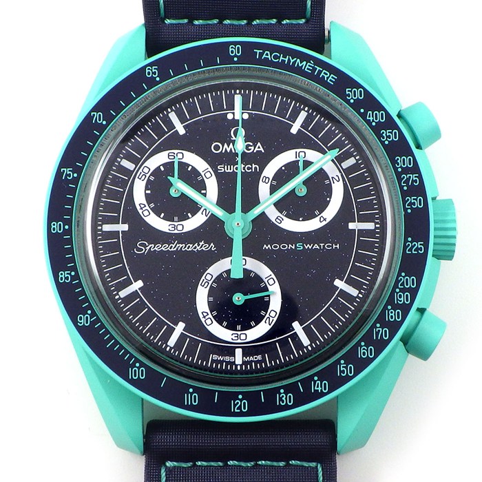 スウォッチ×オメガ Swatch×OMEGA 腕時計 スピードマスター ミッションオンアース POLAR LIGHTS SO33L103 ネイビー文字盤 クロノグラフ タキメーター スモールセコンド 夜光針 ターコイズブルー セラミック ナイロンベルト クオーツアナログ 【箱・保付き】 【中古】