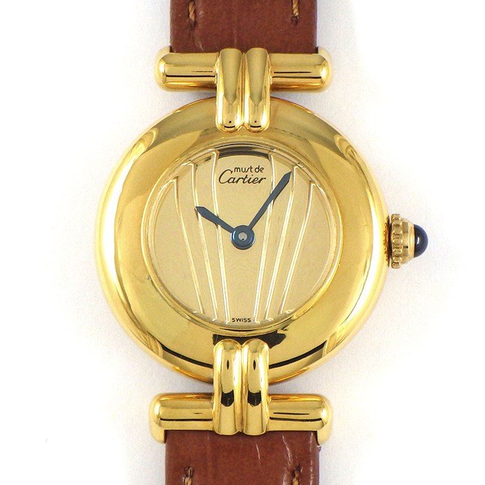 カルティエ Cartier 腕時計 マスト コリゼ 590002 ゴールド文字盤 GP SV925 ブラウン レザーベルト クオーツアナログ