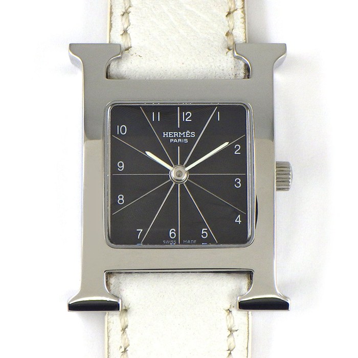 エルメス HERMES 腕時計 Hウォッチ HH1.210 スクエア ブラック ギョーシェ文字盤 SS ホワイト ヴォー・エプソン レザーベルト クオーツアナログ 【中古】
