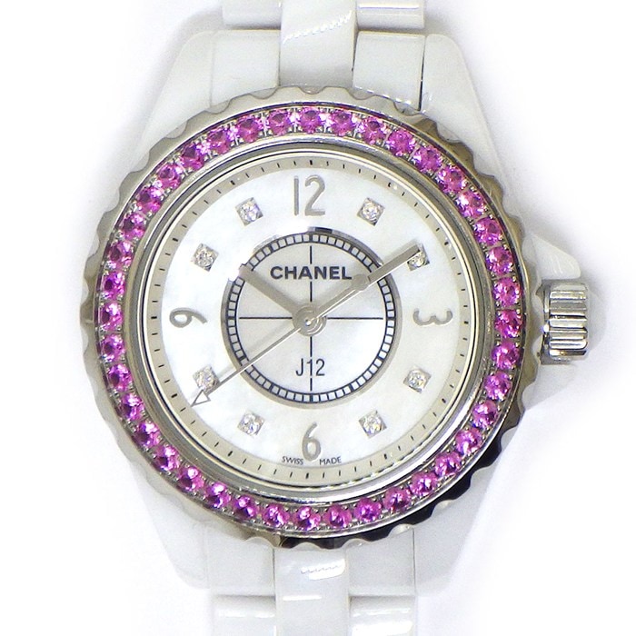 シャネル CHANEL 腕時計 J12 H3243 ピンクサファイア ベゼル 8ポイント ダイヤインデックス ホワイトシェル文字盤 SS セラミック クオーツアナログ 【中古】
