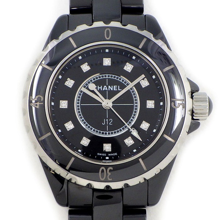 シャネル CHANEL 腕時計 J12 H1625 12ポイント ダイヤインデックス ブラック文字盤 黒 カレンダー 回転ベゼル 夜光針・インデックス SS ブラック セラミック クオーツアナログ 【中古】