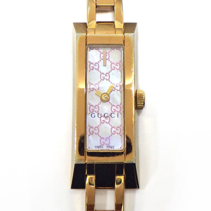 グッチ GUCCI 腕時計 Gリンク 110 ブレスウォッチ レクタンギュラー ピンク GG柄 ホワイトシェル文字盤 ピンクGP クオーツアナログ 【中古】