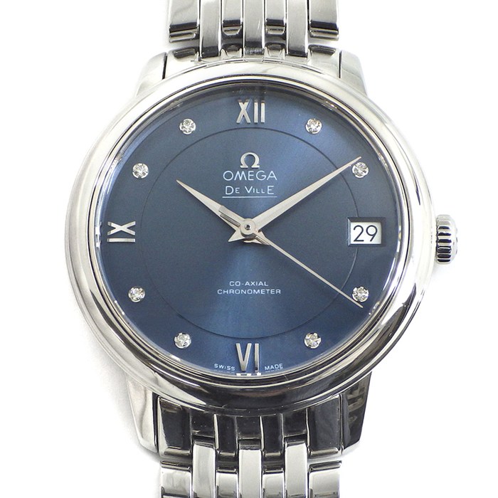 オメガ OMEGA 腕時計 デ・ヴィル プレステージ 424.10.33.20.53.001 クロノメーター デイト 8ポイント ダイヤインデックス サンレイ ブルー文字盤 SS 自動巻き 【中古】