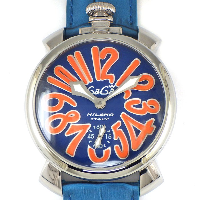 ガガミラノ GaGa MILANO 腕時計 マヌアーレ 48 5010.08S スモールセコンド 裏スケ 夜光インデックス 夜光針 オレンジインデックス ブルー文字盤 SS ブルー レザーベルト 手巻き 【中古】