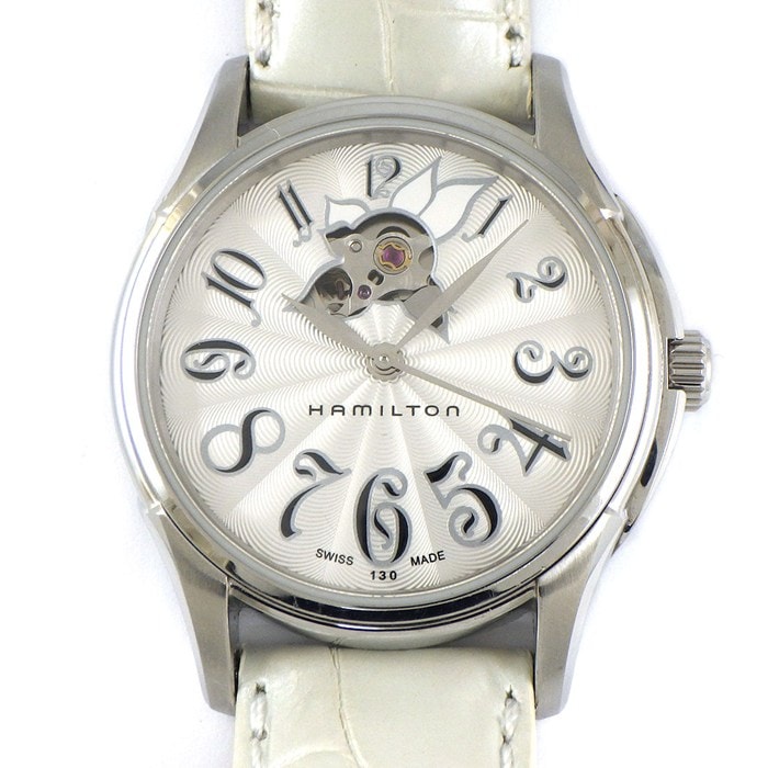 ハミルトン Hamilton 腕時計 ジャズマスター レディ オート H32365313 裏スケ ダイヤ付きケース シルバー ギョーシェ/スケルトン文字盤 SS ホワイト クロコダイル レザーベルト 自動巻き 【箱・保付き】 【中古】