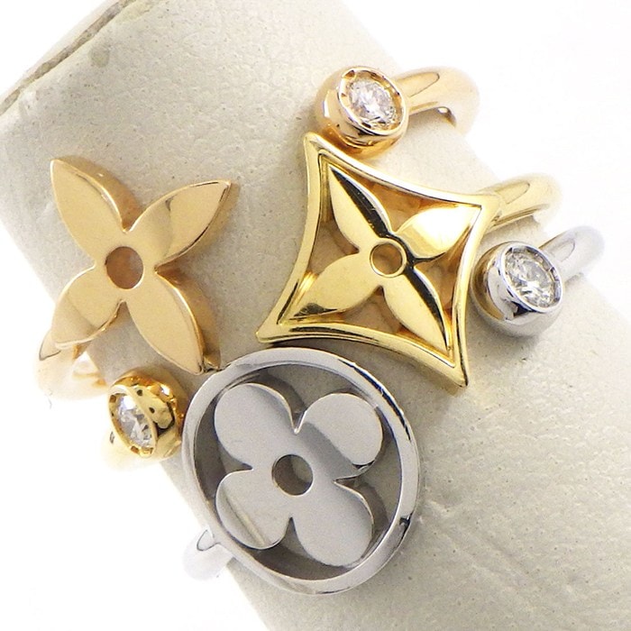 ルイ・ヴィトン LOUIS VUITTON リング バーグ モノグラム イディール ブロッサム Q9F15E 3本組 フラワー スター スリーカラー 3ポイント ダイヤモンド 計0.10ct K18PG K18WG K18YG 10号 / #50 【中古】