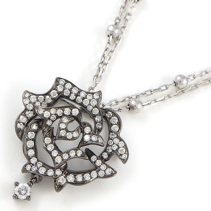 【ダイヤモンド】 ネックレス バラモチーフ ダブルチェーン パヴェ ダイヤモンド 計0.50ct K18WG 【中古】