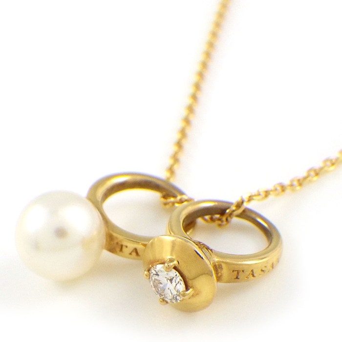 タサキ 田崎真珠 TASAKI ネックレス チャーム ダブル リング ダイヤモンド 0.04ct パール 5mm珠 K18YG 【中古】