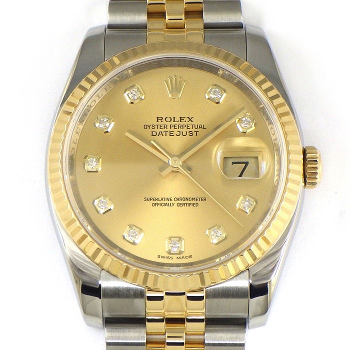ロレックス Rolex 腕時計 デイトジャスト 36 116233G ルーレット刻印 ランダムシリアル 10ポイント ダイヤインデックス サンレイ シャンパンカラー文字盤 K18YG SS 自動巻き 【箱・保付き】 【中古】