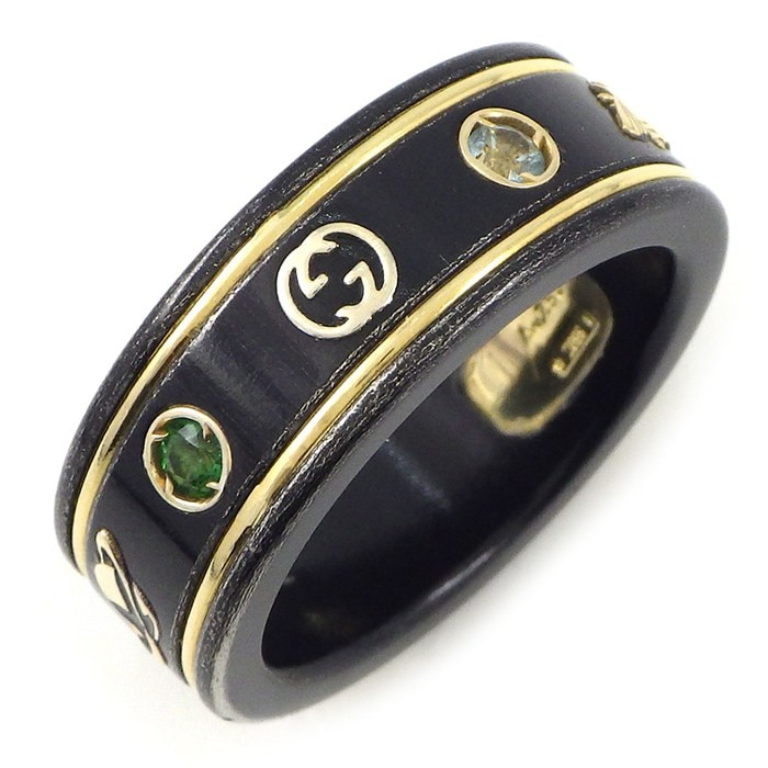 グッチ GUCCI リング アイコン マルチカラーストーン 527095 J8F77 8522 オンライン限定 プラネット ハチ スター インターロッキングG マルチカラー トパーズ ブラック シンセティック コランダム K18YG 10号 / #11 【中古】