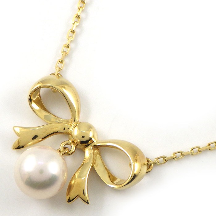 ミキモト MIKIMOTO ネックレス リボンモチーフ パール 7.0mm珠 K18YG 【中古】