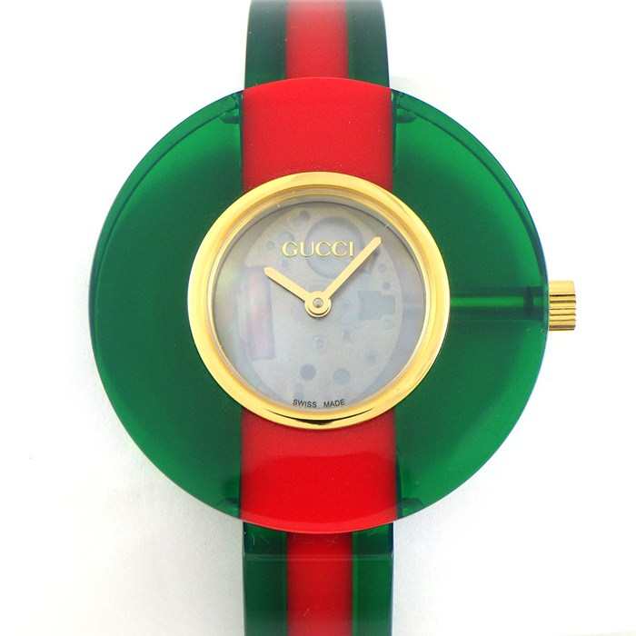 グッチ GUCCI 腕時計 ヴィンテージウェブ 143.4/YA143403 グリーン/レッド シェリーライン スケルトン文字盤 プレキシグラス (アクリル樹脂) SS クオーツアナログ 【箱・保付き】 【中古】