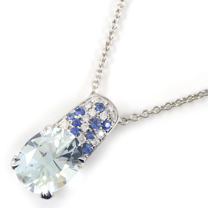 モーブッサン MAUBOUSSIN ネックレス 1ポイント オーバルカット アクアマリン 9ポイント サファイア パヴェ ダイヤモンド K18WG 【中古】
