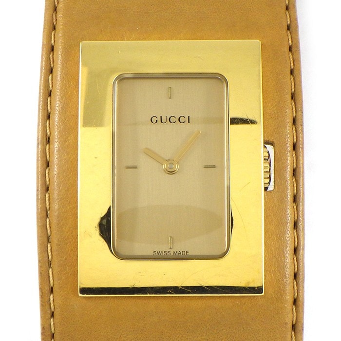 グッチ GUCCI 腕時計 バングルウォッチ スクエア 7800L レクタンギュラー シャンパンゴールド文字盤 GP ブラウン レザーベルト クオーツアナログ 【中古】