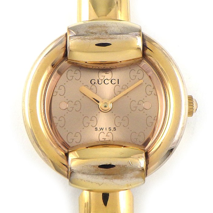 グッチ GUCCI 腕時計 バングルウォッチ 1400L ラウンド GG ロゴ サンレイ ピンク文字盤 GP クオーツアナログ 【中古】