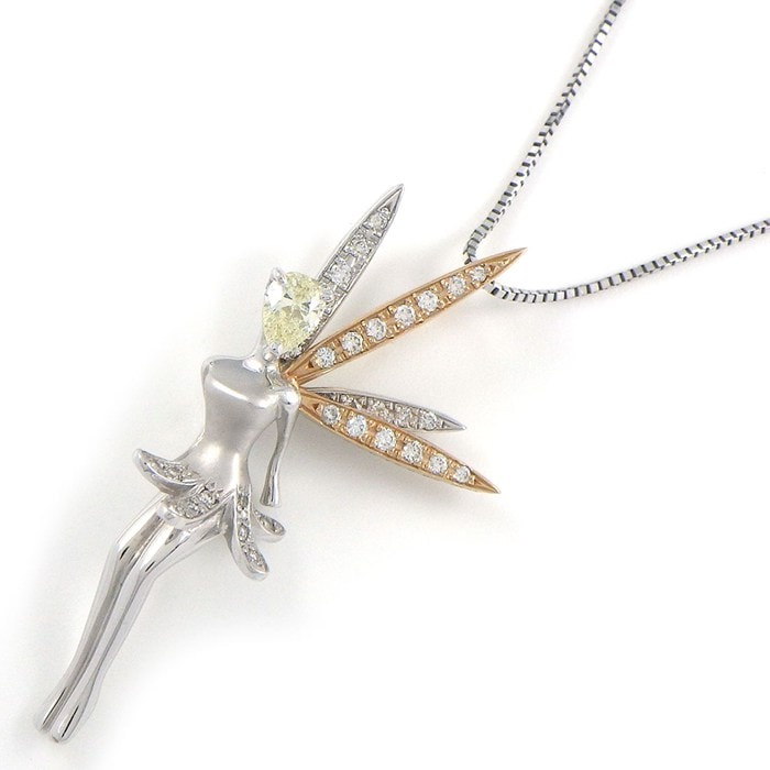 【ペアシェイプダイヤモンド ラウンドカットダイヤモンド】 ネックレス 妖精 フェアリー モチーフ 1ポイント ペアシェイプ ダイヤモンド 0.22ct ラウンドカット ダイヤモンド 計0.21ct K18WG K18PG 【中古】