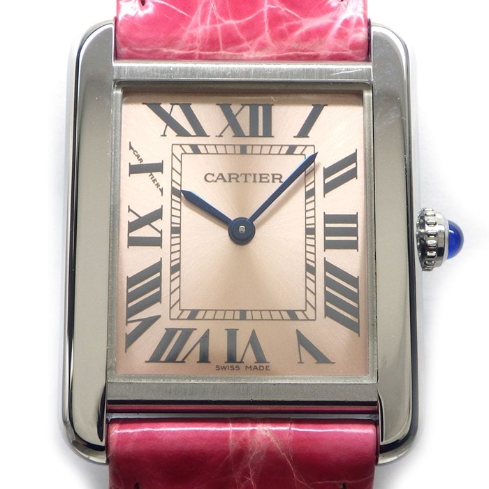カルティエ Cartier 腕時計 タンクソロ SM W5200000 レクタンギュラー ピンクサンレイ文字盤 ローマンインデックス クロコダイルレザーベルト SS クオーツアナログ 【中古】