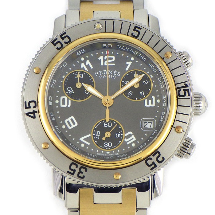 エルメス HERMES 腕時計 クリッパー ダイバー CL2.320 グレー文字盤 デイト クロノグラフ スモールセコンド 回転ベゼル 夜光針・インデックス GP SS クオーツアナログ 【中古】