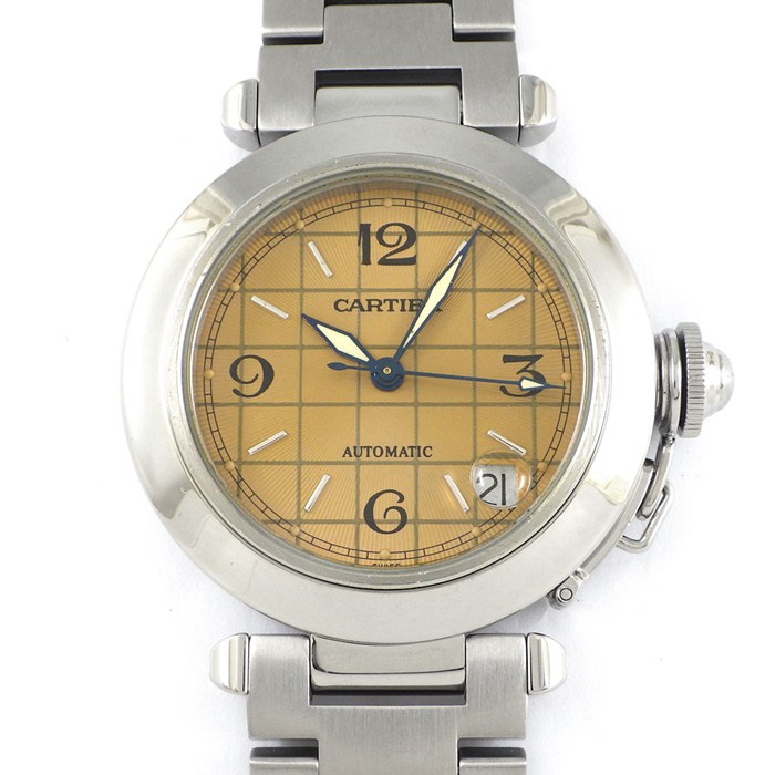 カルティエ Cartier 腕時計 パシャC W31024M7 デイト グリッド ギョーシェ サンレイ サーモンピンク文字盤 SS 自動巻き 【中古】