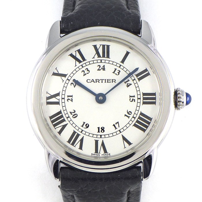 カルティエ Cartier 腕時計 ロンド ソロ SM W6700155 サンドブラスト仕上げ シルバー文字盤 SS ブラック レザーベルト クオーツアナログ 【中古】