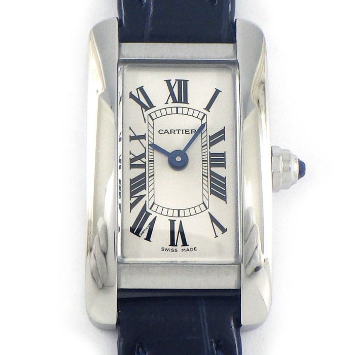 カルティエ Cartier 腕時計 タンクアメリカンミニ WSTA0032 日本限定 レクタンギュラー シルバー文字盤 ネイビー アリゲーターレザーベルト SS クオーツアナログ 【箱・保付き】 【中古】
